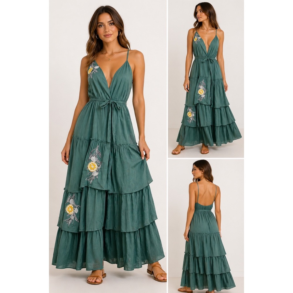Anouk Grewal‎ Green Maxi Dress Embroidered Lemon Tiered Sleeveless Medium